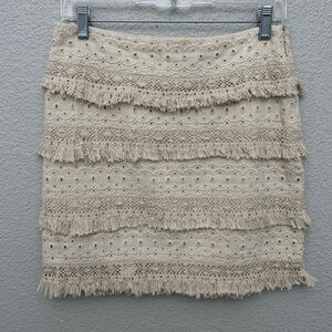 Anthropologie HD in Paris‎ Crochet Fringe Tiered Mini Boho Skirt Beige Size 2